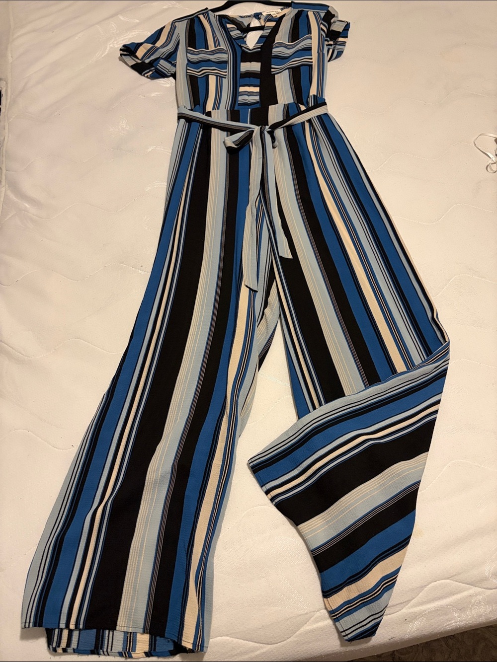 Monteau Blue and Black Striped Short-Sleeve Jumpsuit with Tie Waist